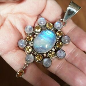 Vintage Moonstone Citrine Sterling Silver Pendant 3.25"